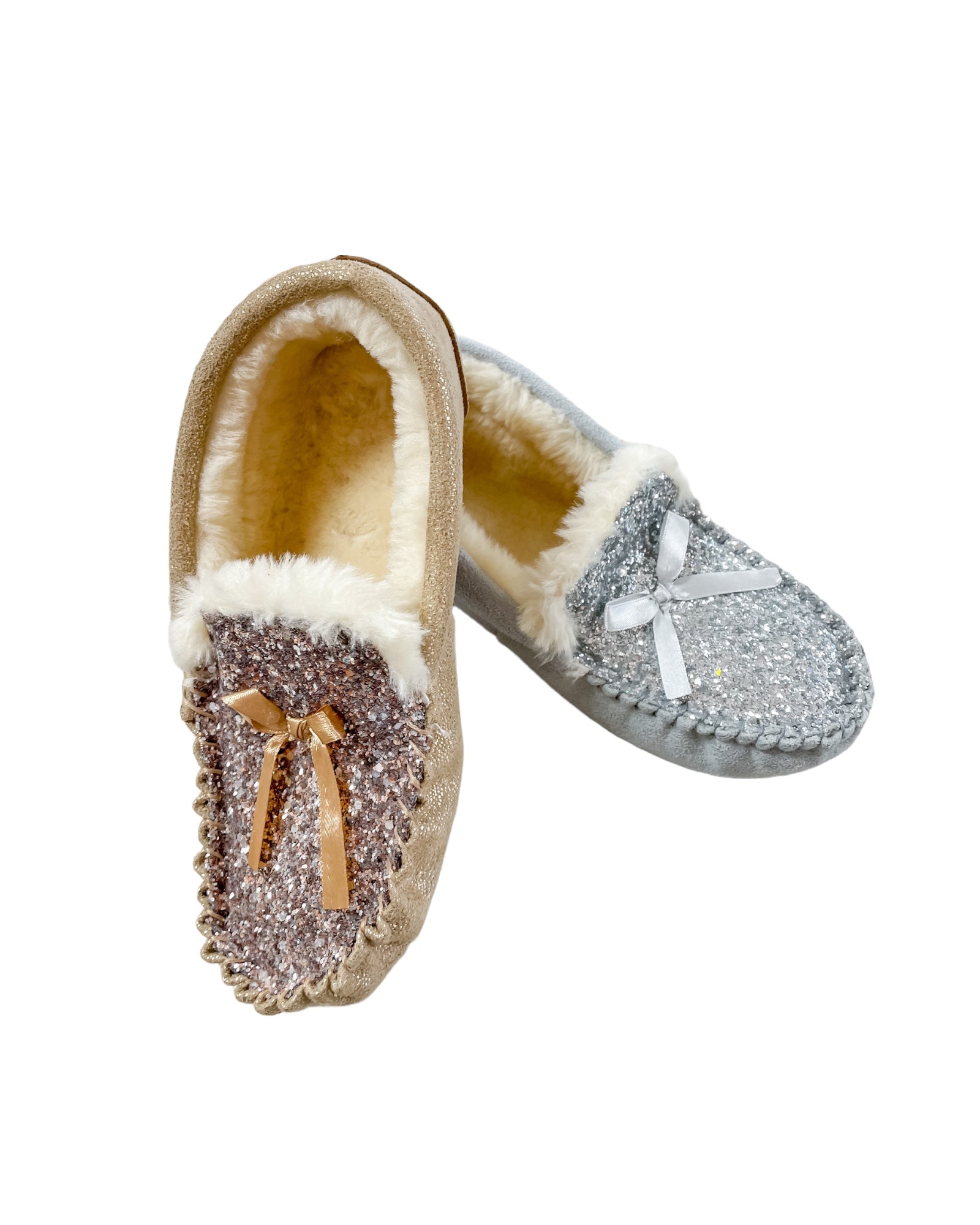 Cozy Faux-Fur Lined Glitter Moccasin Slippers | Old Navy